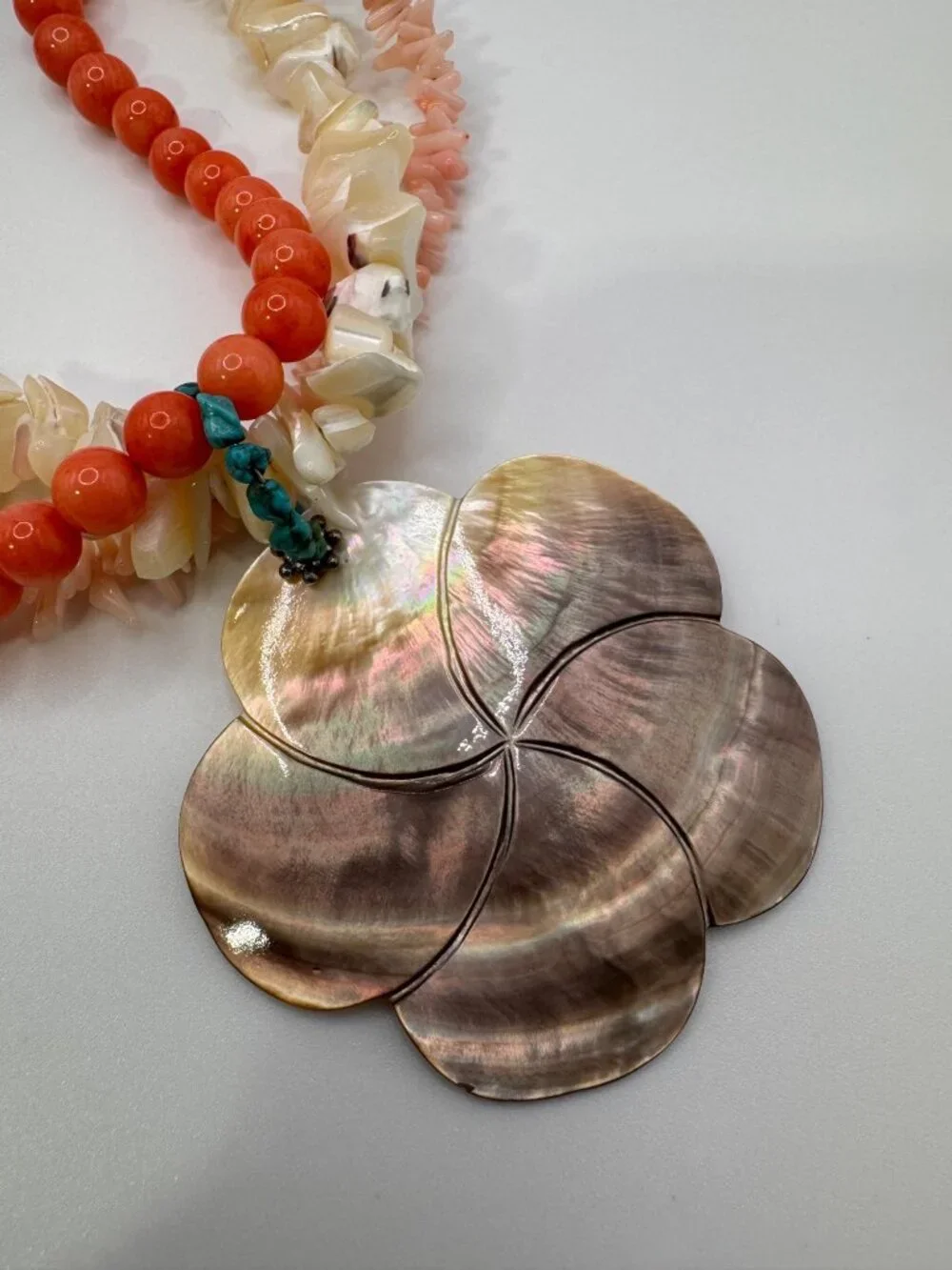 Vintage Coral Bead Multi Strand Necklace 925 Sterling MOP Shell Pendant Chunky - Picture 4 of 14